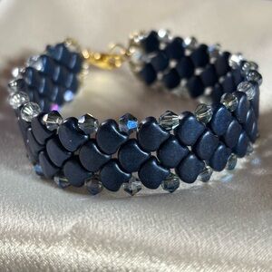 Hand crafted navy blue mermaid bracelet Czech bicones 14k gold plated clasp